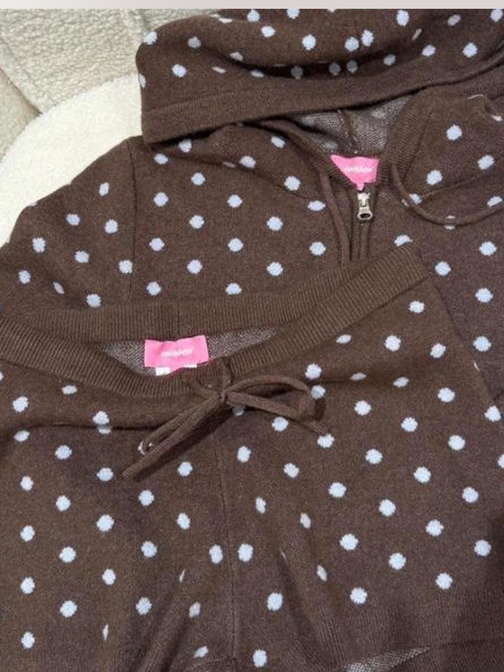 Edikted Brown Polka Dot Knit zip up hoodie & shorts Set
